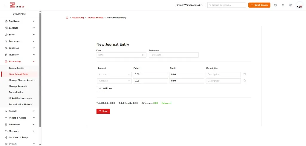 ZYNOXS Accounting module showing journal entries and chart of accounts