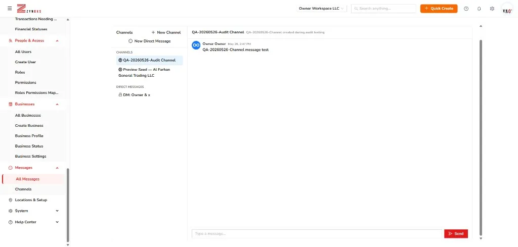 ZYNOXS Messages module showing team channels and direct messages
